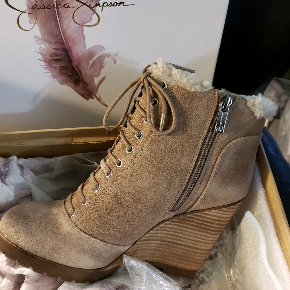 JESSICA SIMPSON BOOTIES ,  WEDGE HEEL ,  TAN SUEDE